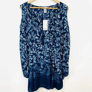 Catherines Blouse‎ Tunic Woman 2X Blue Floral Long Sleeve Flowy Long Line  NEW